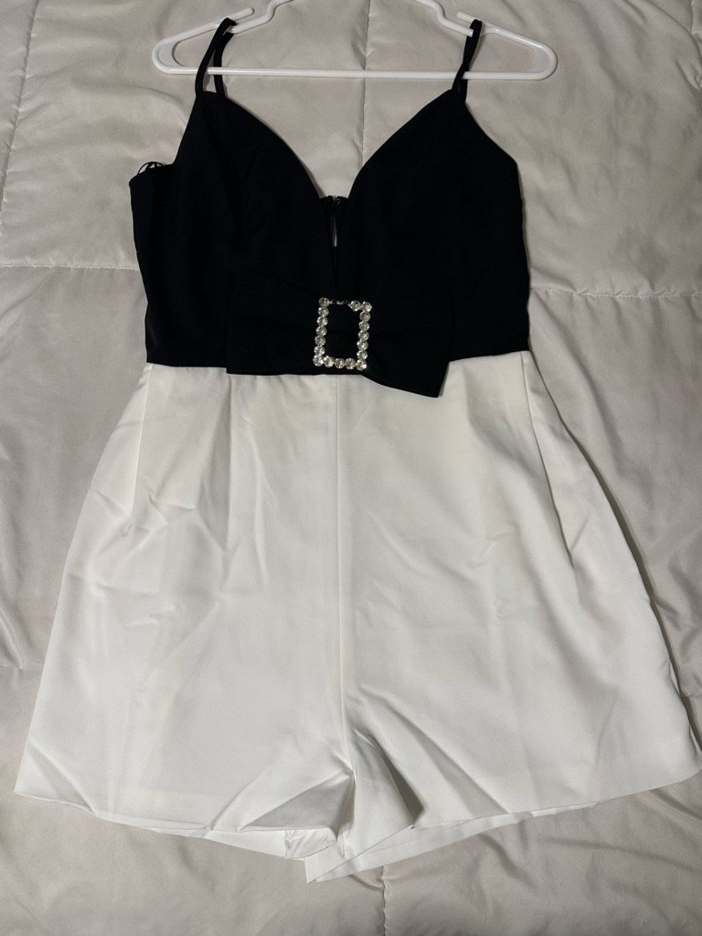 Fashion Nova Black & White Rhinestone Buckle Romper